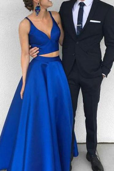 Elegant Royal Blue Two-Piece A-Line Prom Dress Formal Gown
