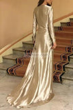 Sexy Gold Deep V-Neck Slit Ruffled Closed Long Sleeves Prom Dress Dresses