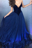 Elegant Blue Strapless V-neck Velvet Long Prom Ball Gown