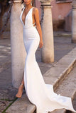 Sexy White Mermaid Deep V-neck Slit Open Back Prom Dress