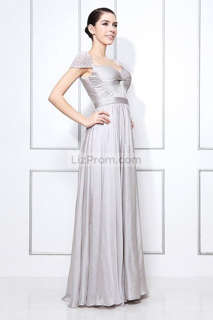 Silver Cap Sleeves Beaded Prom Formal Dress