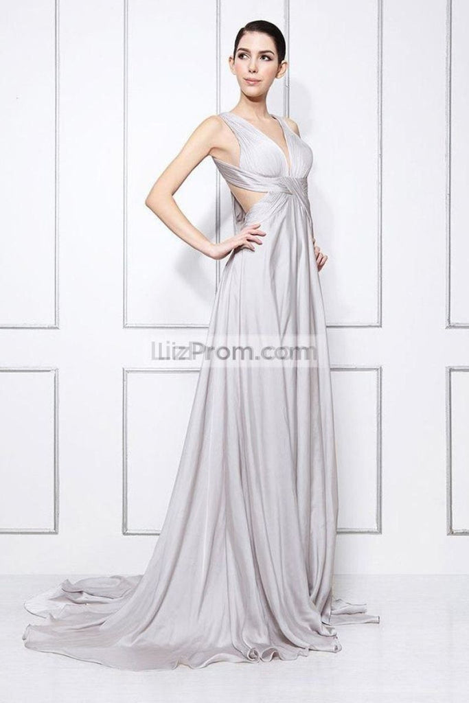 Silver Deep V-neck Cut Out Sexy Formal Evening Dress