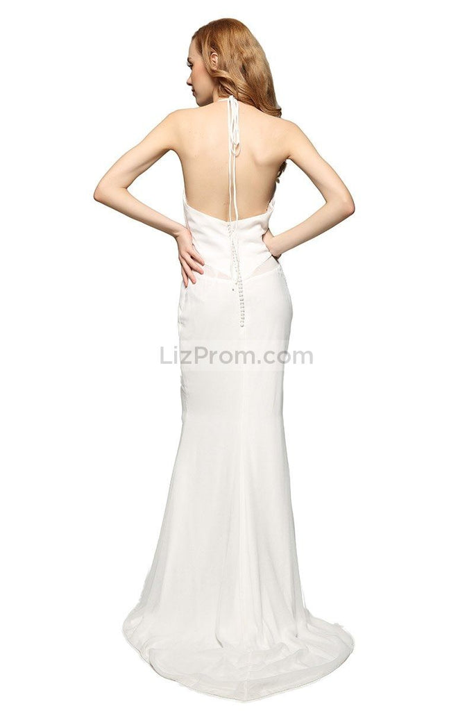Simple White Halter Backless Column Prom Dress