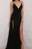 Simple Sexy Black Two Slit A-line Spaghetti Straps Evening Prom Dress