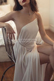 Simple White Rhinestone Slit One Shoulder Halter Prom Dress Dresses
