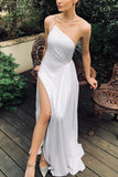 Simple White Rhinestone Slit One Shoulder Prom Dress