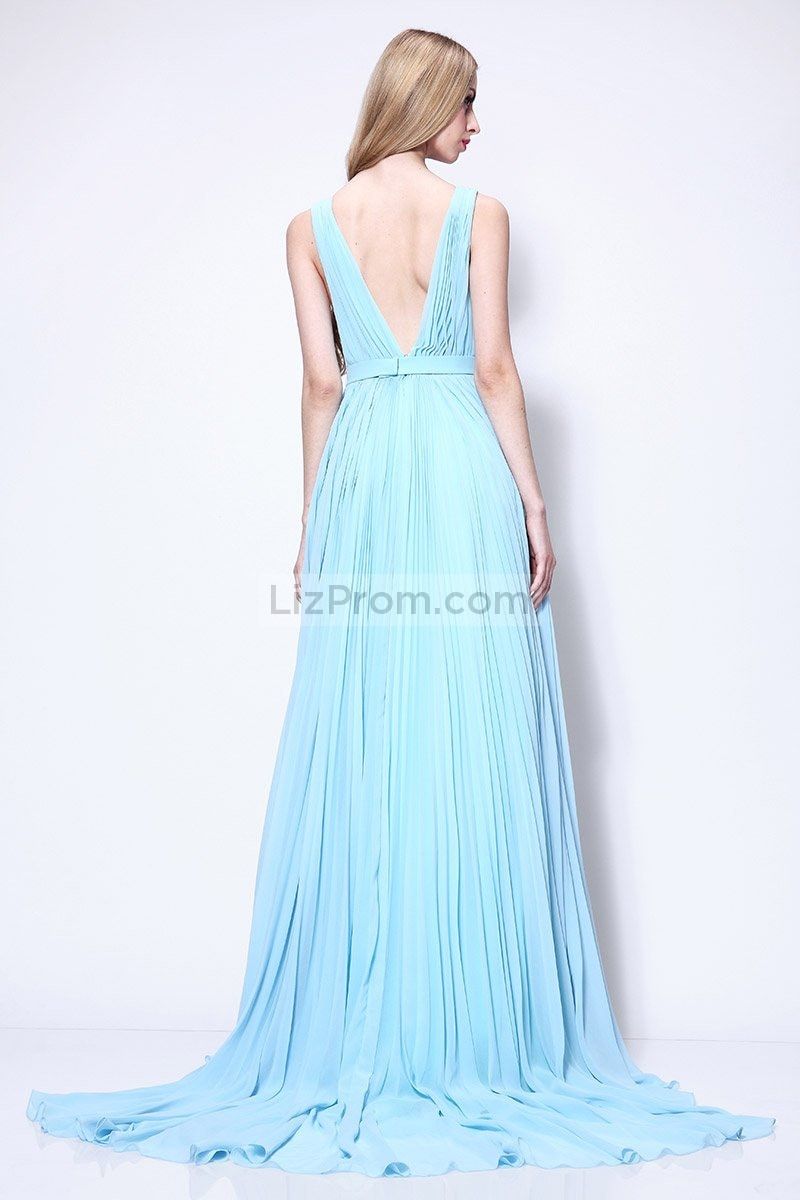 Sky Blue A-line Deep V-neck Pleated Prom Dress