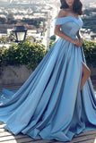 Light Sky Blue Off Shoulder Thigh-high Slit Ball Gown
