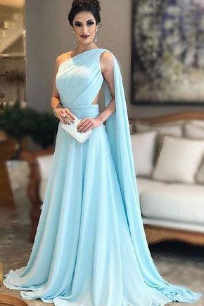Sky Blue One Shoulder Train A-line Prom Evening Dress