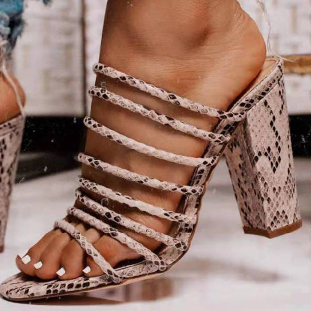 Snakeskin Print Strappy Chunky Heel Sandals - Mislish