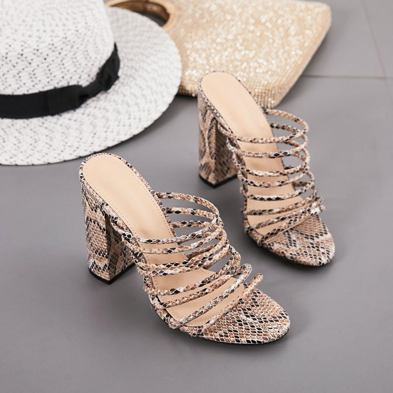 Snakeskin Print Strappy Chunky Heel Sandals - Mislish