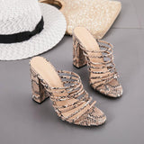 Snakeskin Print Strappy Chunky Heel Sandals - Mislish