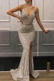 Silver Spaghetti Straps V-neck Mermaid High Slit Sequined Evening Dresses