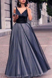 Dark Navy A-line Backless V-neck Sleeveless Evening Prom Dress