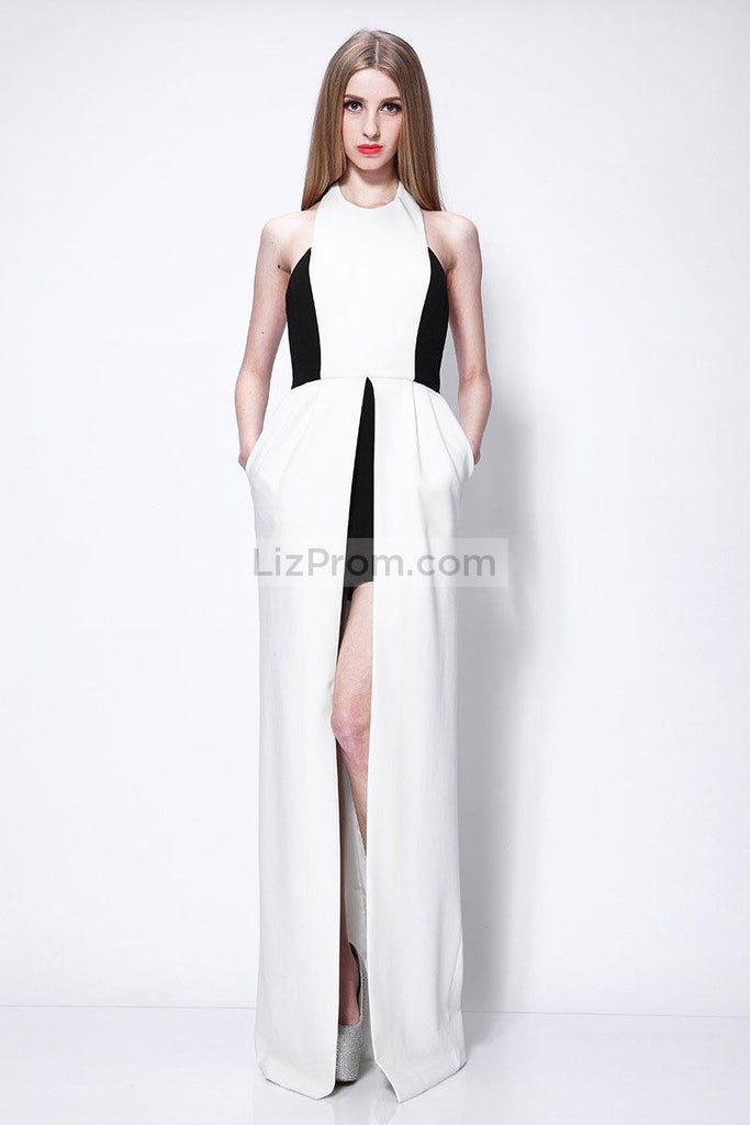 White And Black Halter Thigh-high Slit Prom Dress