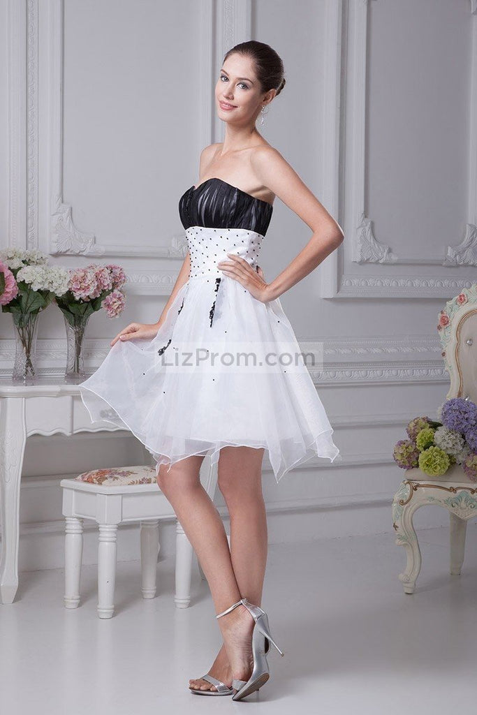 White And Black Strapless Sweet 16 Wedding Short Dress