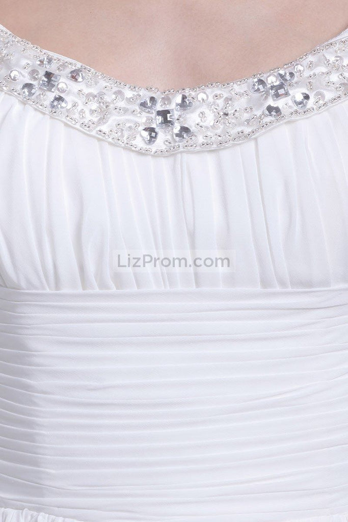 White Ruffled Beaded A-line Prom Evening Dress