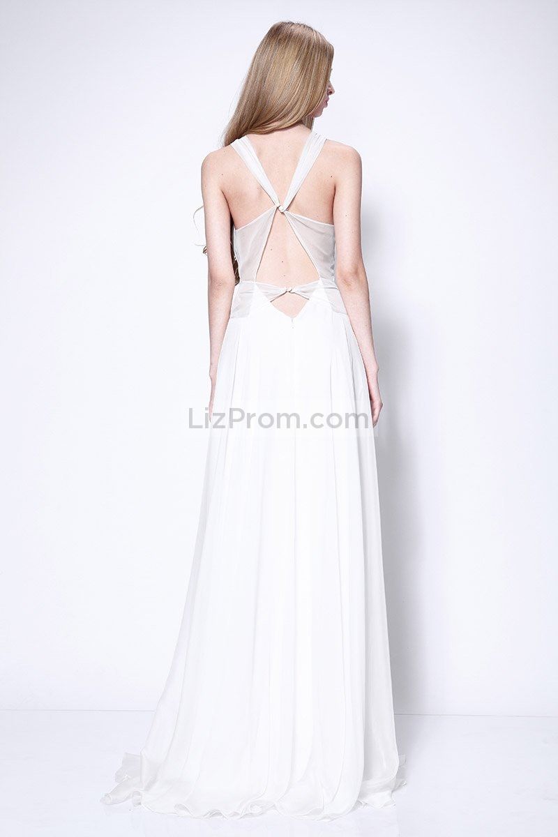 White See Through Chiffon Cut Out A-line Prom Dress