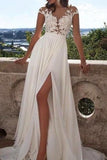 White Appliques Thigh-high Slit Cap Sleeves Prom Dress