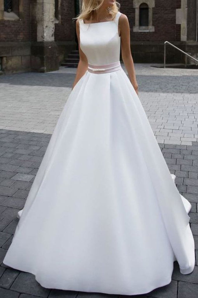 White Ball Gown Satin Square Neck Wedding Dress
