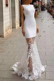 White Bateau Mermaid Sleeveless Tulle Appliques Evening Prom Dress