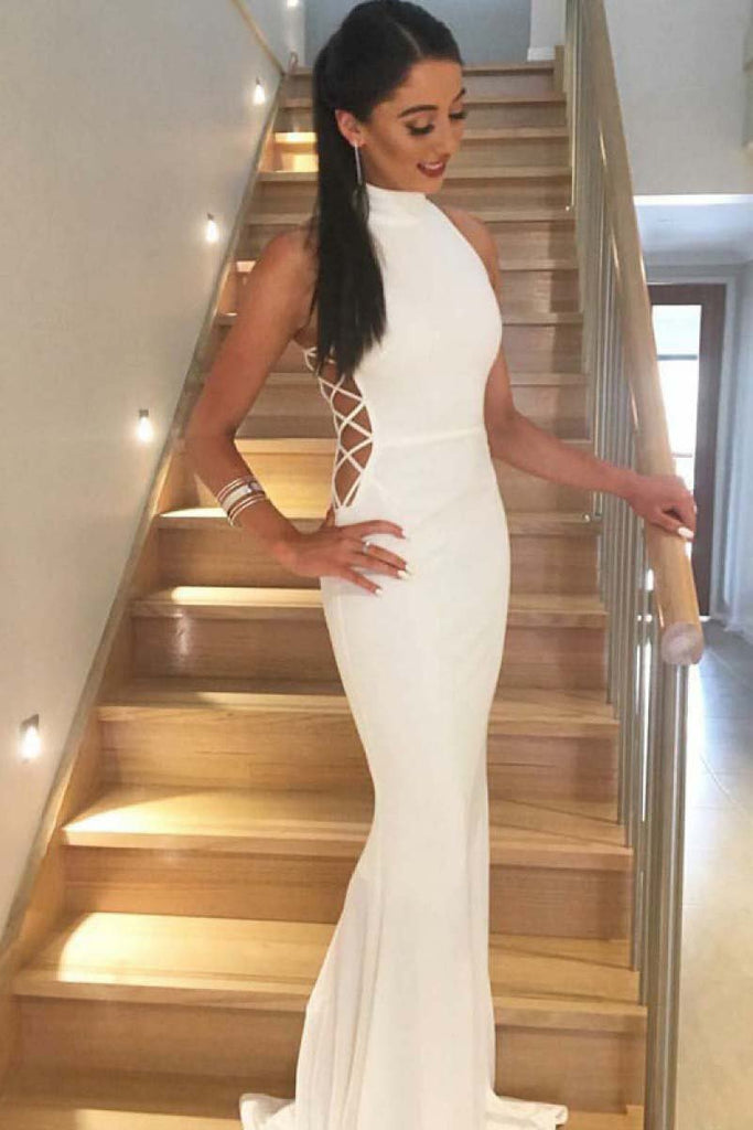 White Cut Out Sleeveless High Neck Mermaid Long Prom Evening Dress