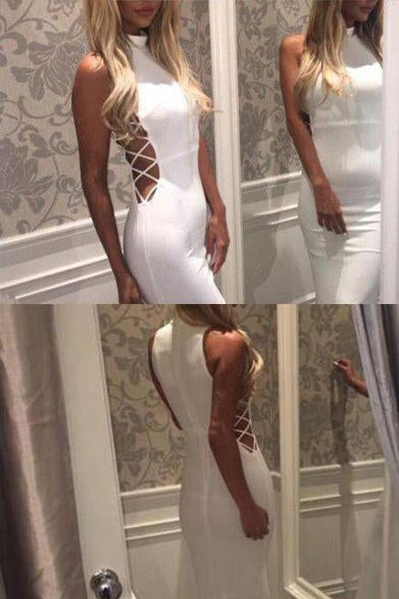 White Cut Out Sleeveless High Neck Mermaid Long Prom Evening Dress