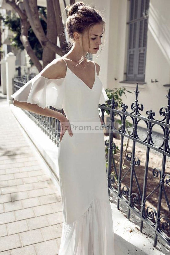 White Spaghetti Straps V-neck Off-the-Shoulder Evening Dress