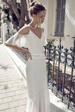 White Spaghetti Straps V-neck Off-the-Shoulder Evening Dress