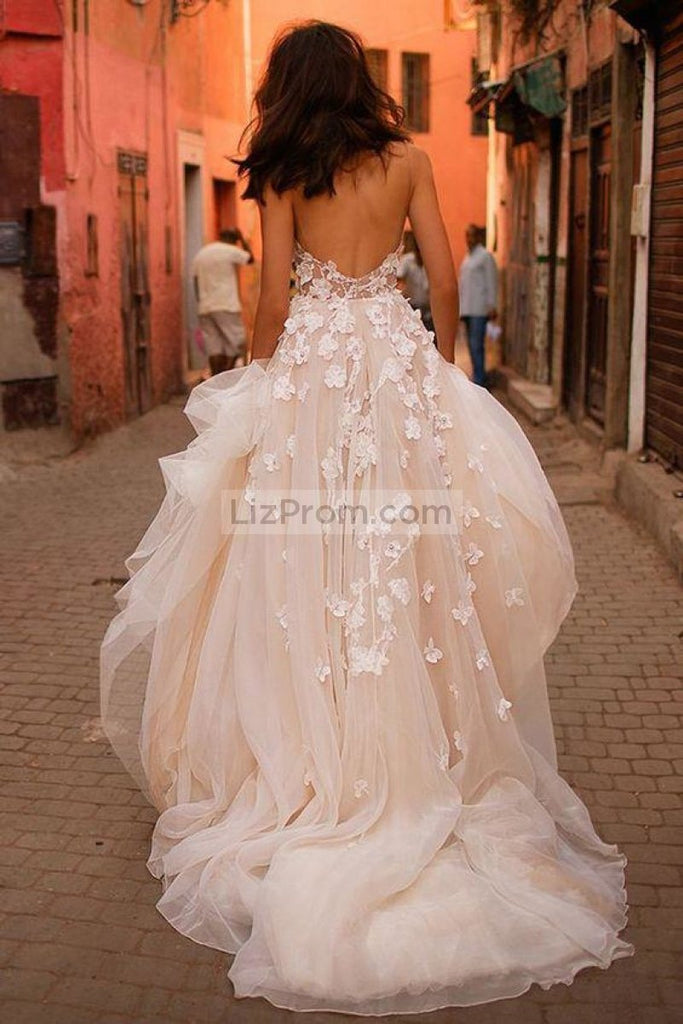 White Tulle Applique Spaghetti Straps Wdding Dress