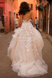 White Tulle Applique Spaghetti Straps Wdding Dress