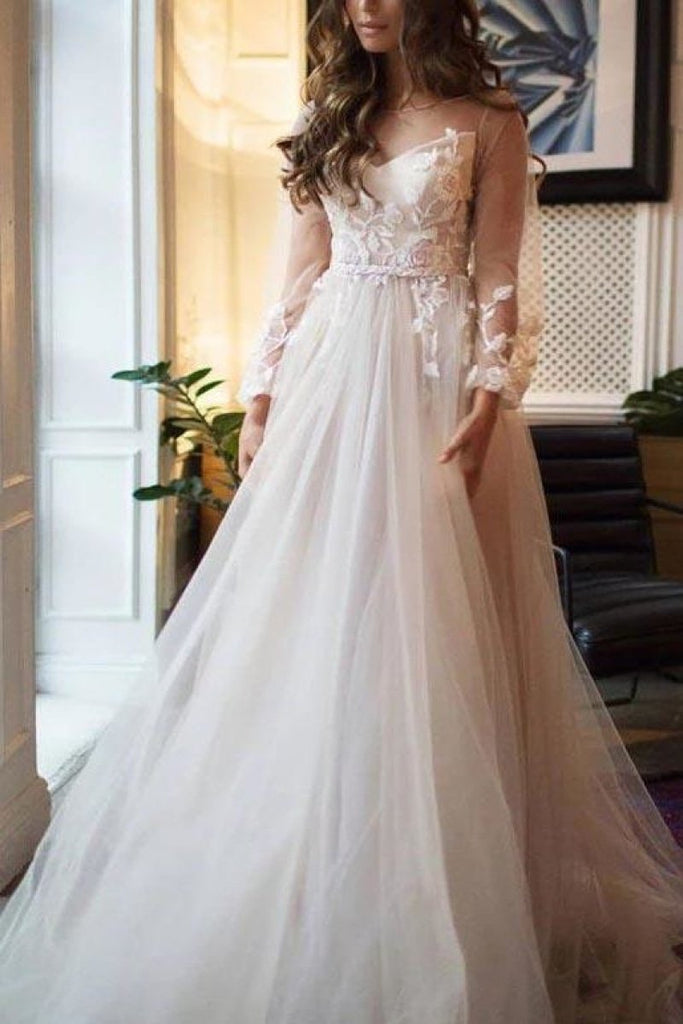 White Tulle Flower Lace Open Back Princess Wedding Ball Gown Dresses