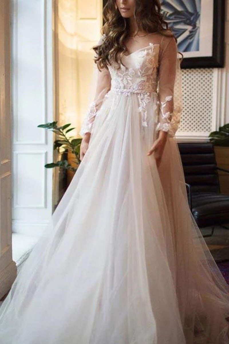 White Tulle Flower Lace Open Back Princess Wedding Ball Gown Dresses