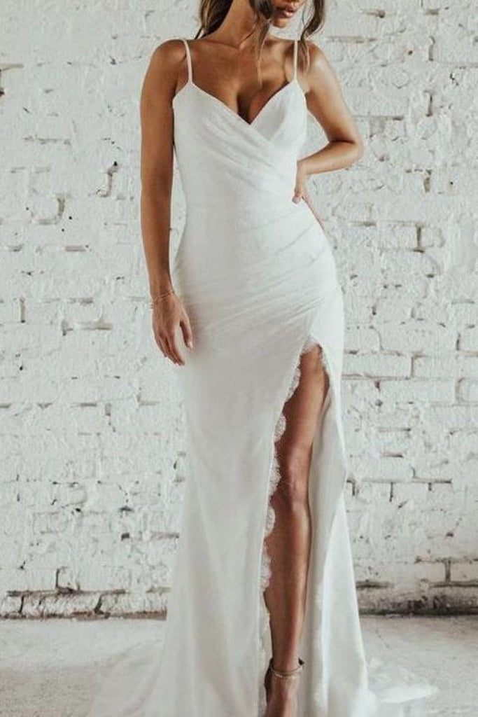 White V-Neck Spaghetti Straps Long Mermaid Slit Wedding Prom Dress Dresses