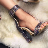 Sparkly Ankle Straps Glitter Chunky Heels Sandals
