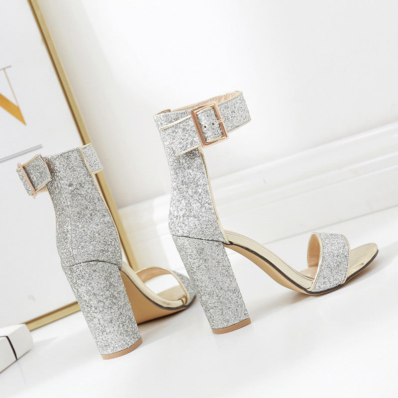 Sparkly Ankle Straps Glitter Chunky Heels Sandals - Mislish