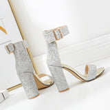 Sparkly Ankle Straps Glitter Chunky Heels Sandals - Mislish