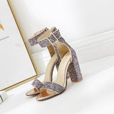 Sparkly Ankle Straps Glitter Chunky Heels Sandals - Mislish