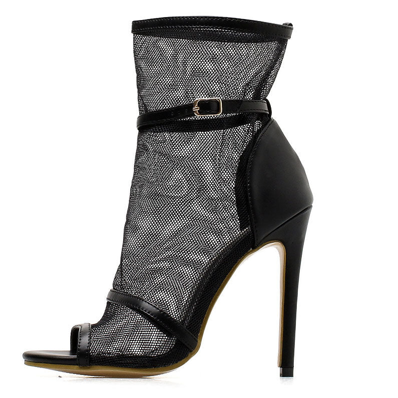 Black Peep-toe Mesh Stiletto Heels Boots Prom Shoes - Mislish