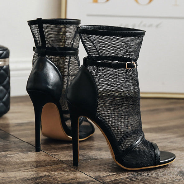 Black Peep-toe Mesh Stiletto Heels Boots Prom Shoes - Mislish