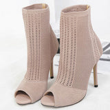 Elastic Knit Sock Boots High Heels Peep Toe Pumps - Mislish