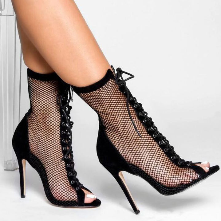 Women's Peep-toe Mesh Lace-up Stiletto Heels - Mislish