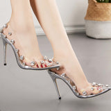 Stiletto Heels Cap-Toe Nude Transparent Shoes With Rhinestone