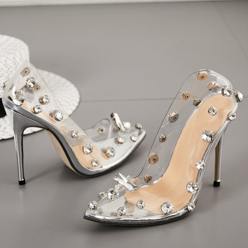 Stiletto Heels Cap-Toe Nude Transparent Shoes With Rhinestone - Mislish