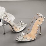 Stiletto Heels Cap-Toe Nude Transparent Shoes With Rhinestone - Mislish