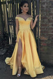 Yellow Off-the-shoulder Thigh-high Slit Ball Gown