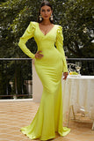 Yellow Long Sleeve Mermaid V-Neck Formal Evening Dress