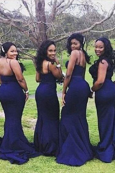 Strapless Dark Navy Spaghetti Straps Mermaid Long Dress Evening Gown