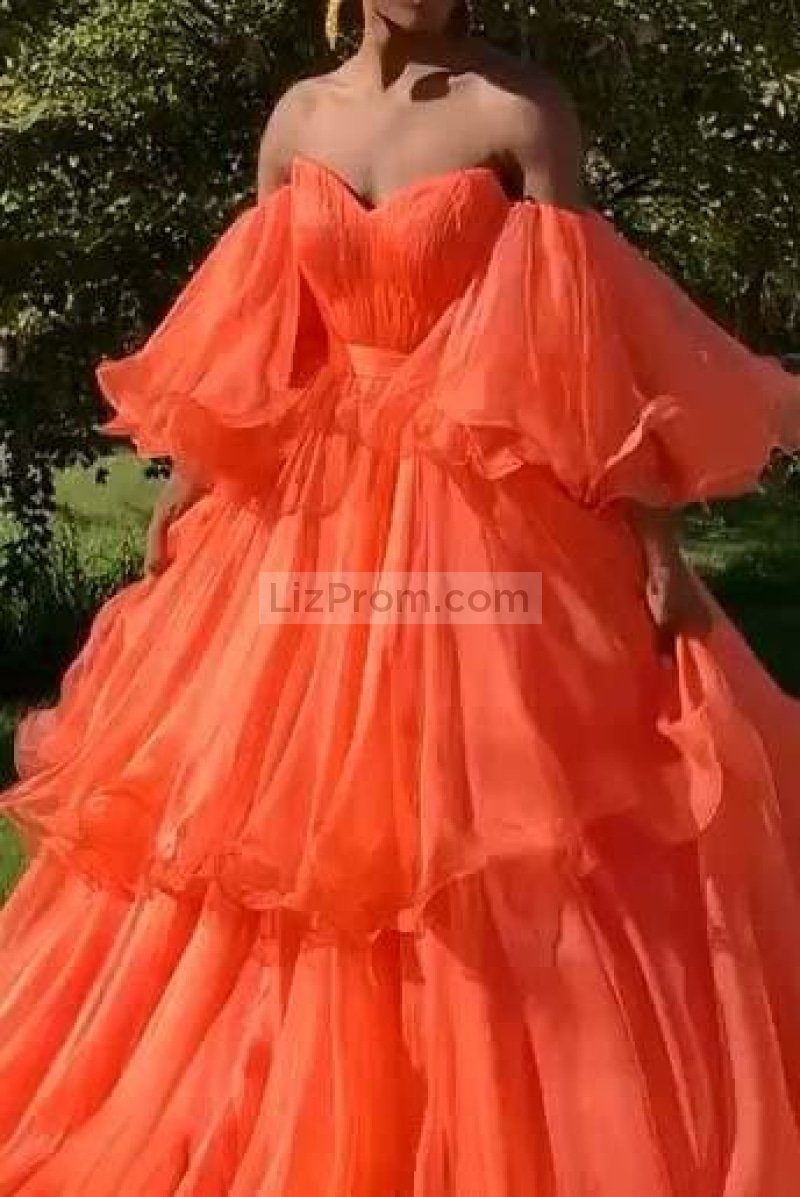 Orange Strapless Sweetheart Off The Shoulder Ruffled Evening Ball Gown Dresses