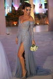 Off-the-Shoulder Long Sleeves Beaded Lace Prom Evening Dress